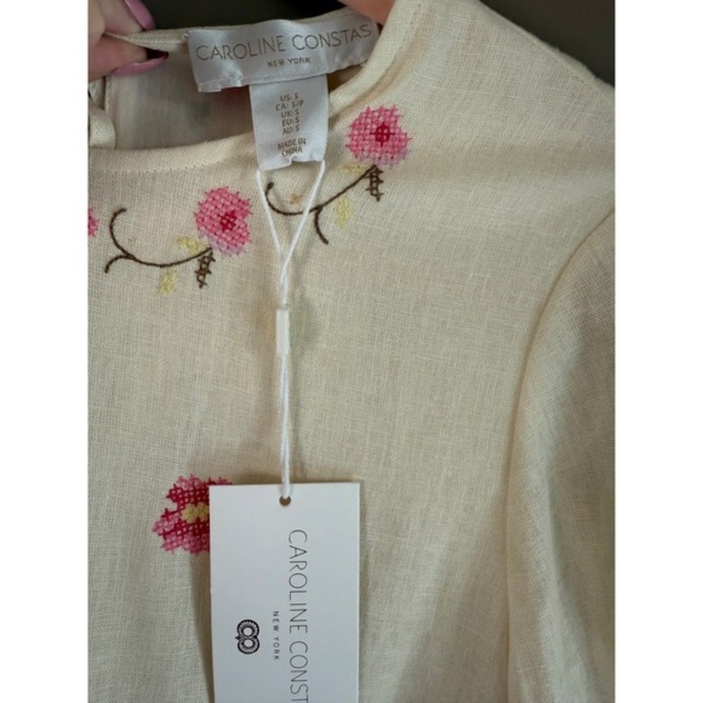 Caroline Constas Cream Floral Cross Stitch Embroidered Linen Mini Dress Medium - Picture 6 of 7